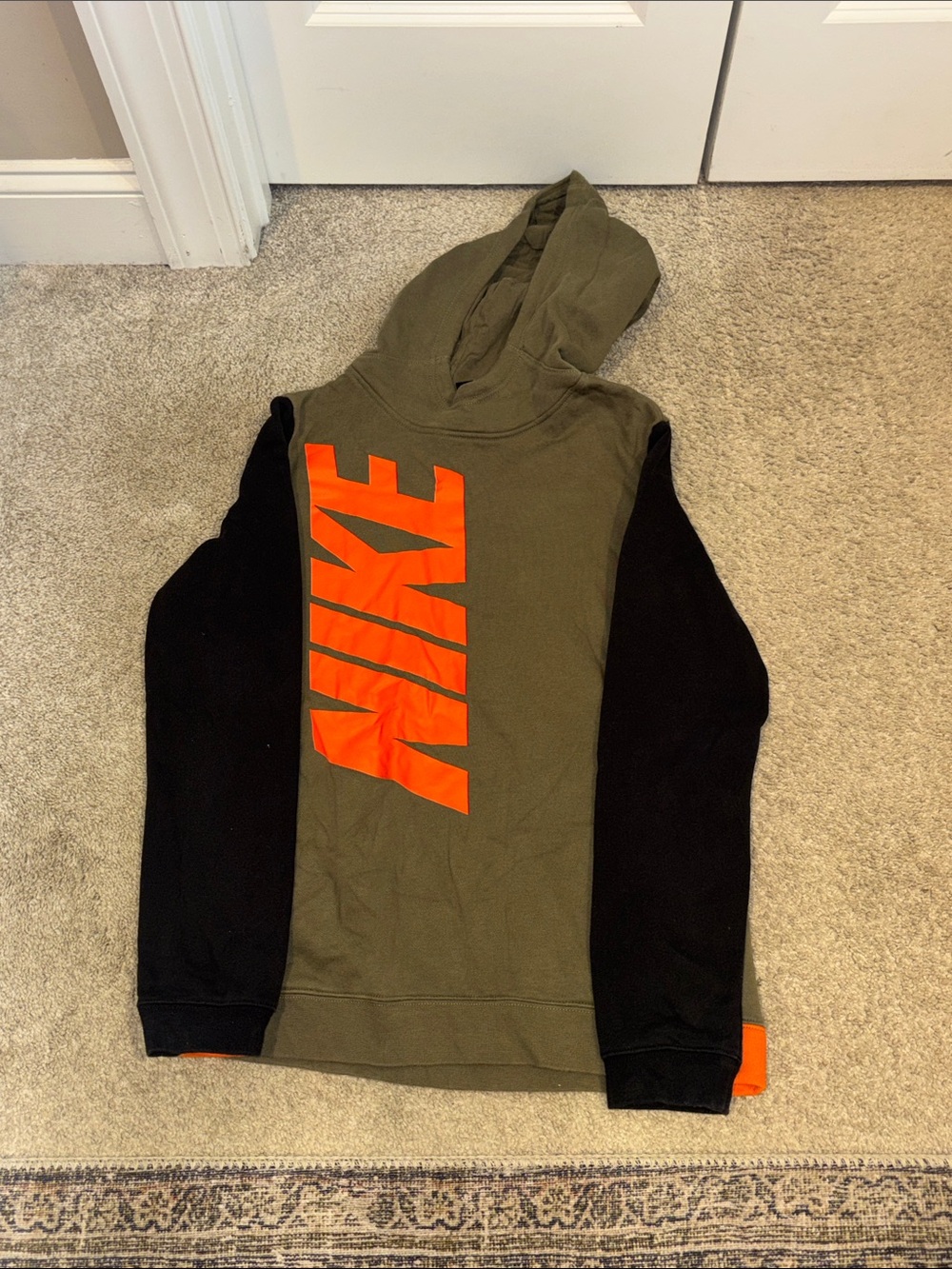 Nike Olive Green & Black Hoodie with Orange Vertical Logo